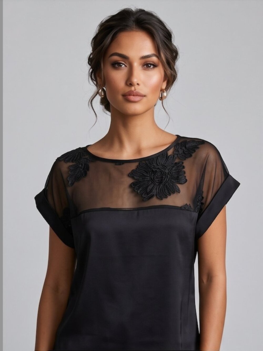 Black Sheer Illusion Lace Yoke Blouse – Floral Appliqué Cap Sleeve Top